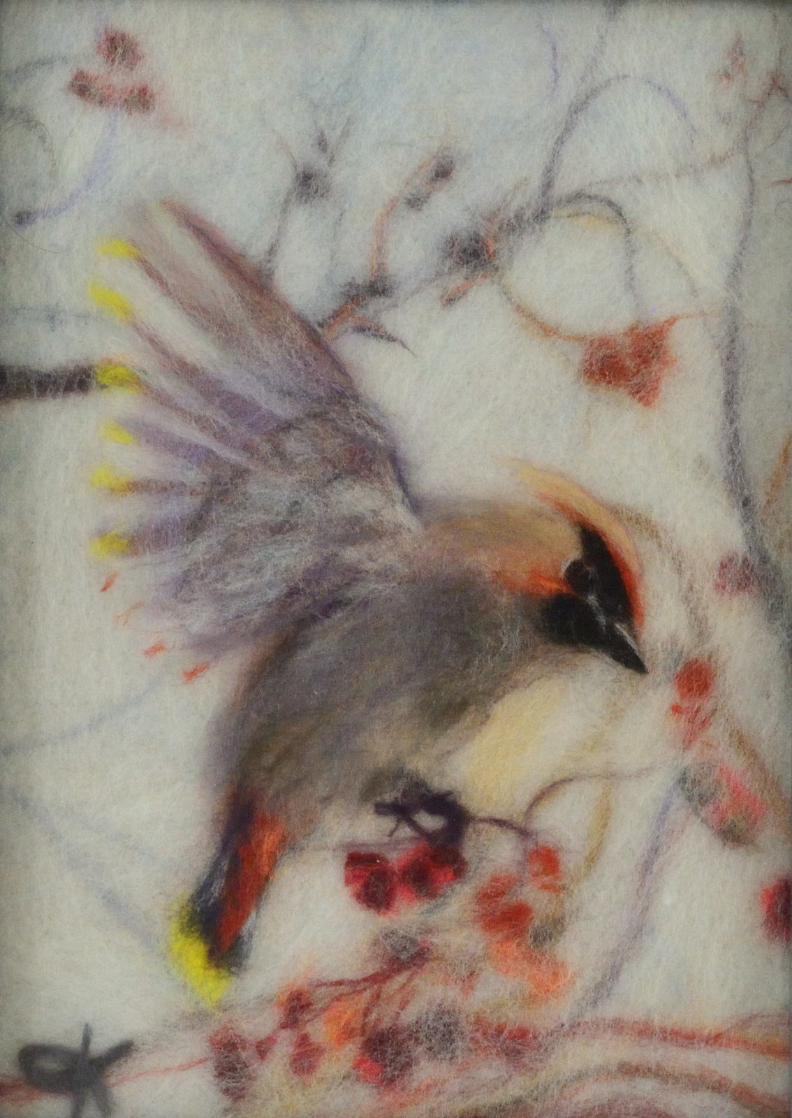 Wool picture of a bird picking cranberry. Wool Art Gallery