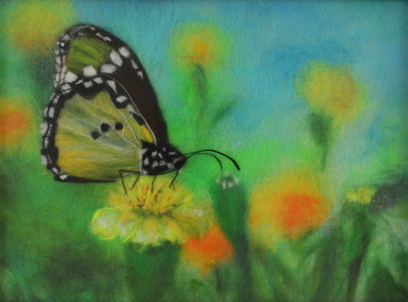 Wool picture with a butterfly sitting on a flower. Wool Art Gallery