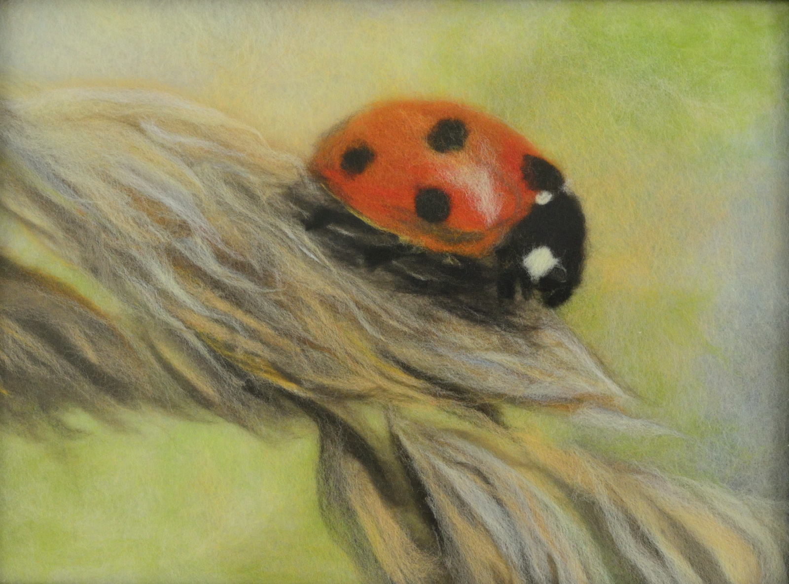 Ladybird sitting on ear of wheat. Wool Art Gallery. Picture made of superfine merino wool