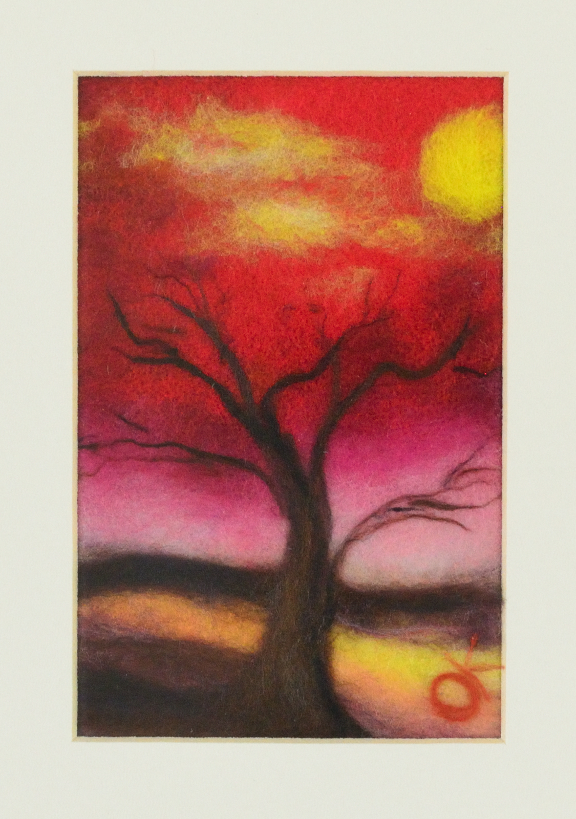 Landscape in red. Wool Art Gallery. Picture made of fine merino wool