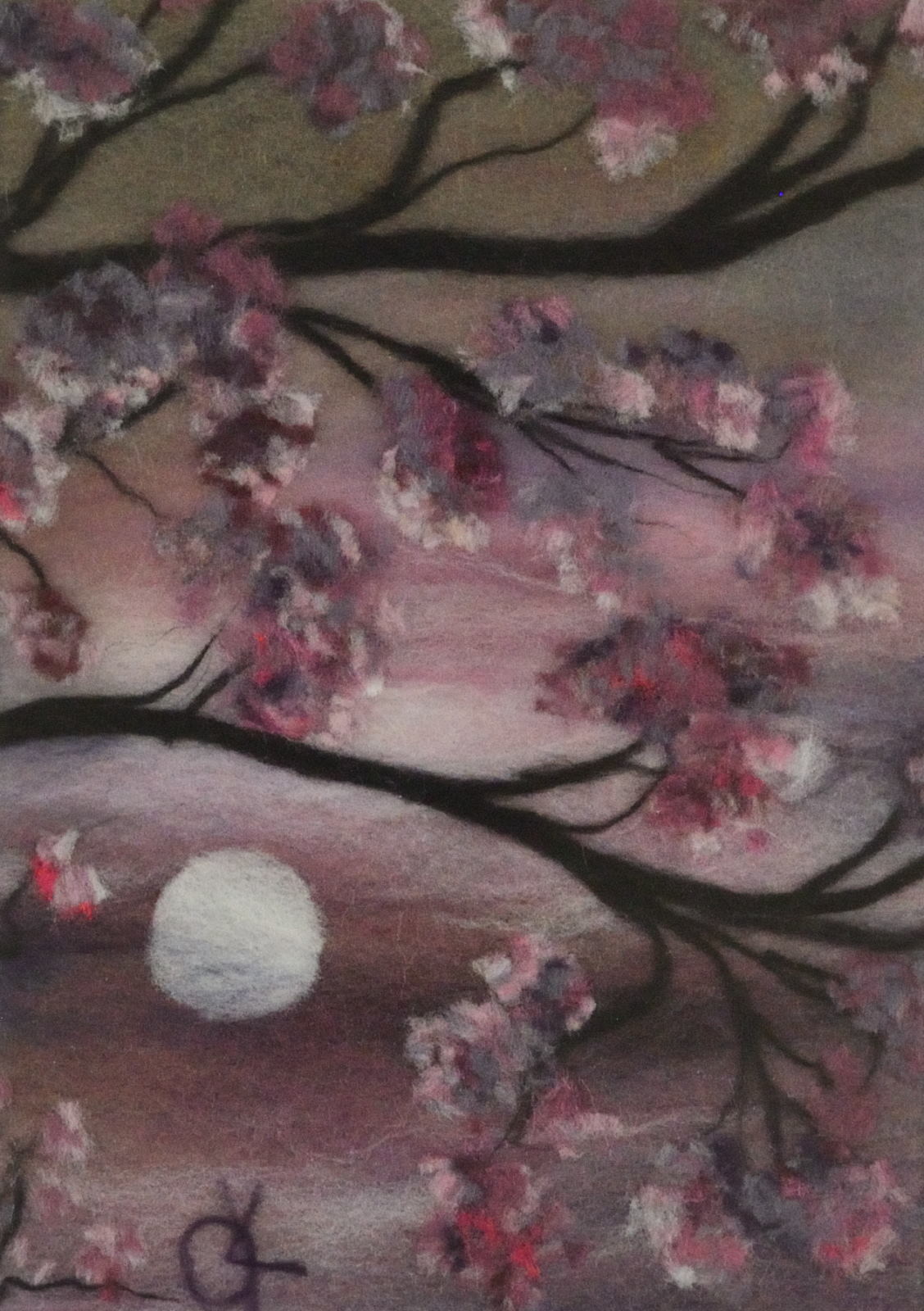 Moon and sakura. Wool Art Gallery. Picture made of merino wool