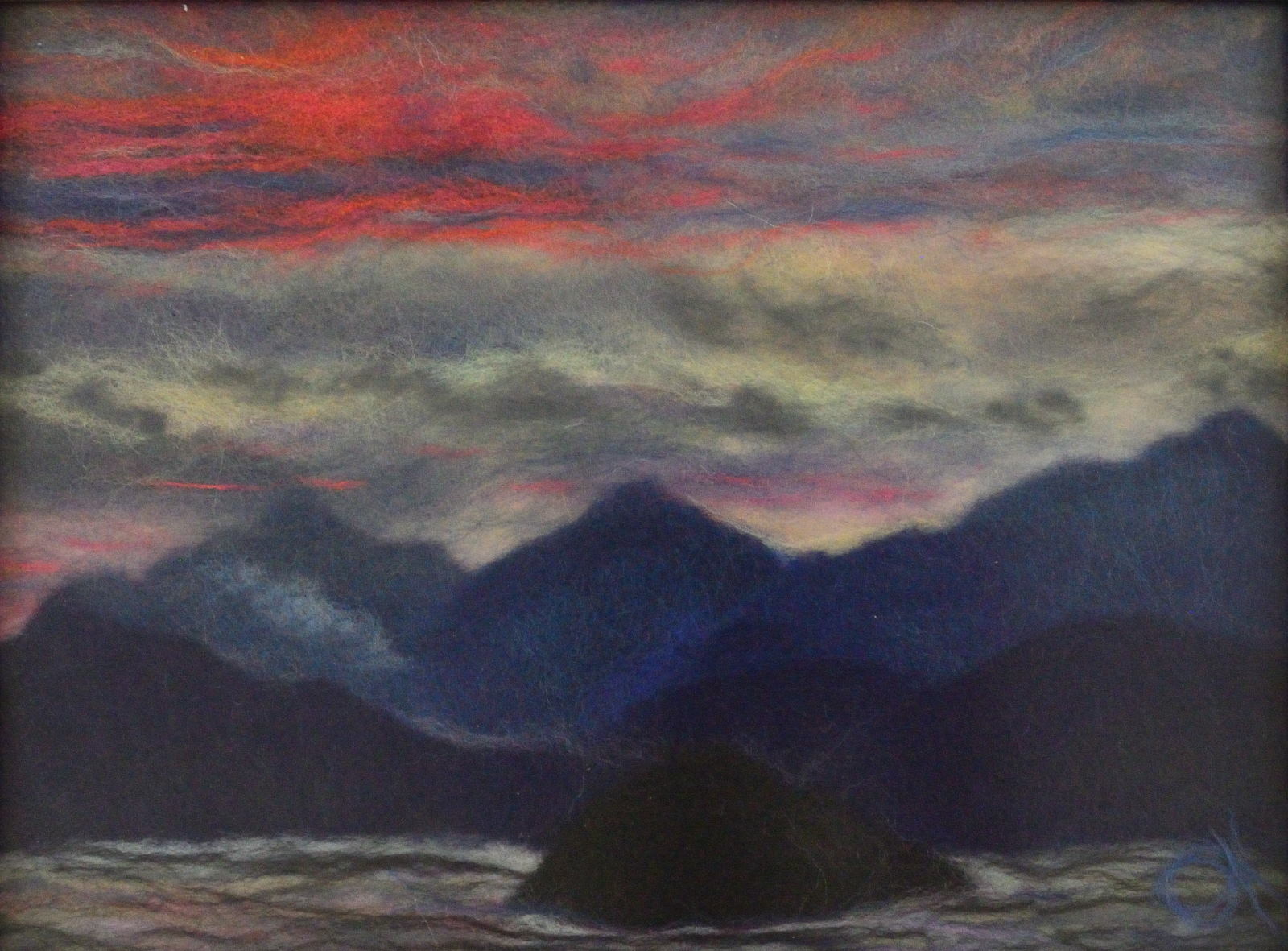 Mountain landscape at sunset. Wool Art Gallery. Picture made of fine merino wool