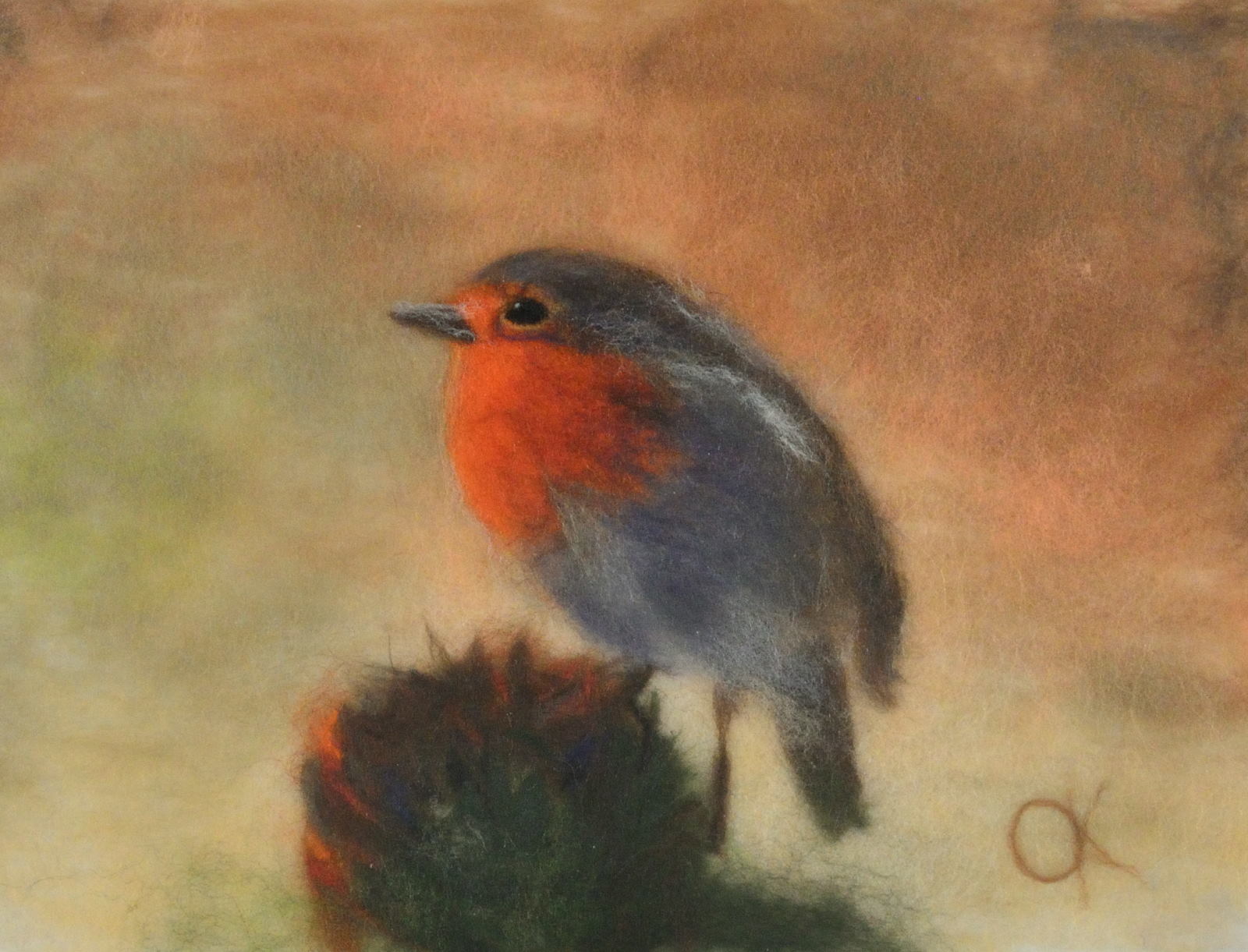 Redbreast robin. Wool Art Gallery. Picture made of merino wool