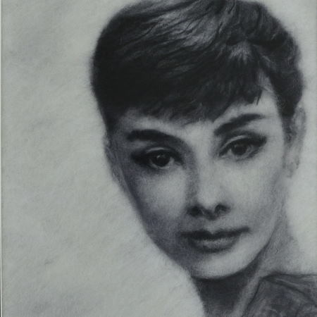Portrait of Audrey Hepburn made of merino wool. Wool Art Gallery