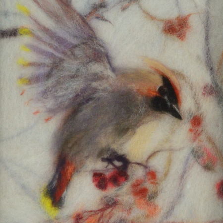Wool picture of a bird picking cranberry. Wool Art Gallery