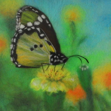 Wool picture with a butterfly sitting on a flower. Wool Art Gallery