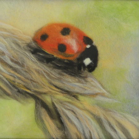 Ladybird sitting on ear of wheat. Wool Art Gallery. Picture made of superfine merino wool