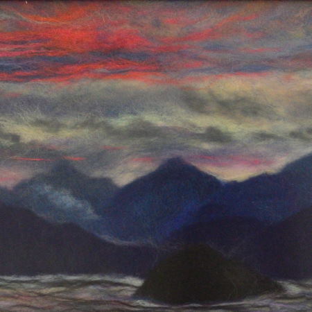 Mountain landscape at sunset. Wool Art Gallery. Picture made of fine merino wool