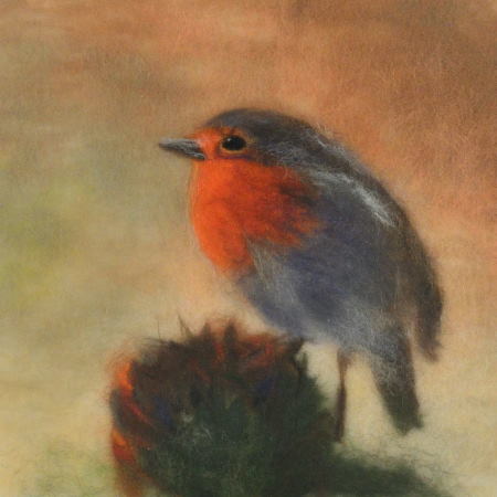 Redbreast robin. Wool Art Gallery. Picture made of merino wool