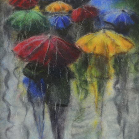 People with umbrellas. Rainy day. Wool Art Gallery. Picture made of fine merino wool