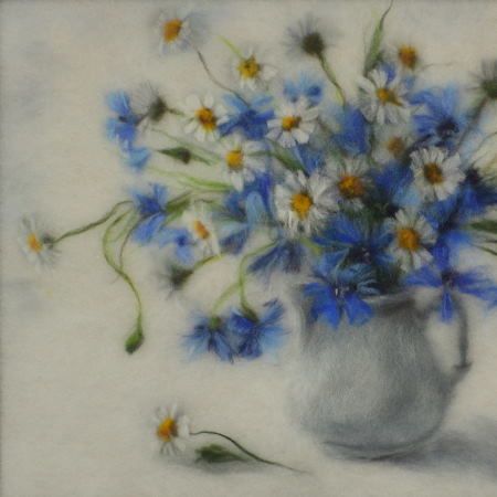 Wild flowers in a jug. Wool Art Gallery. Picture made of superfine merino wool