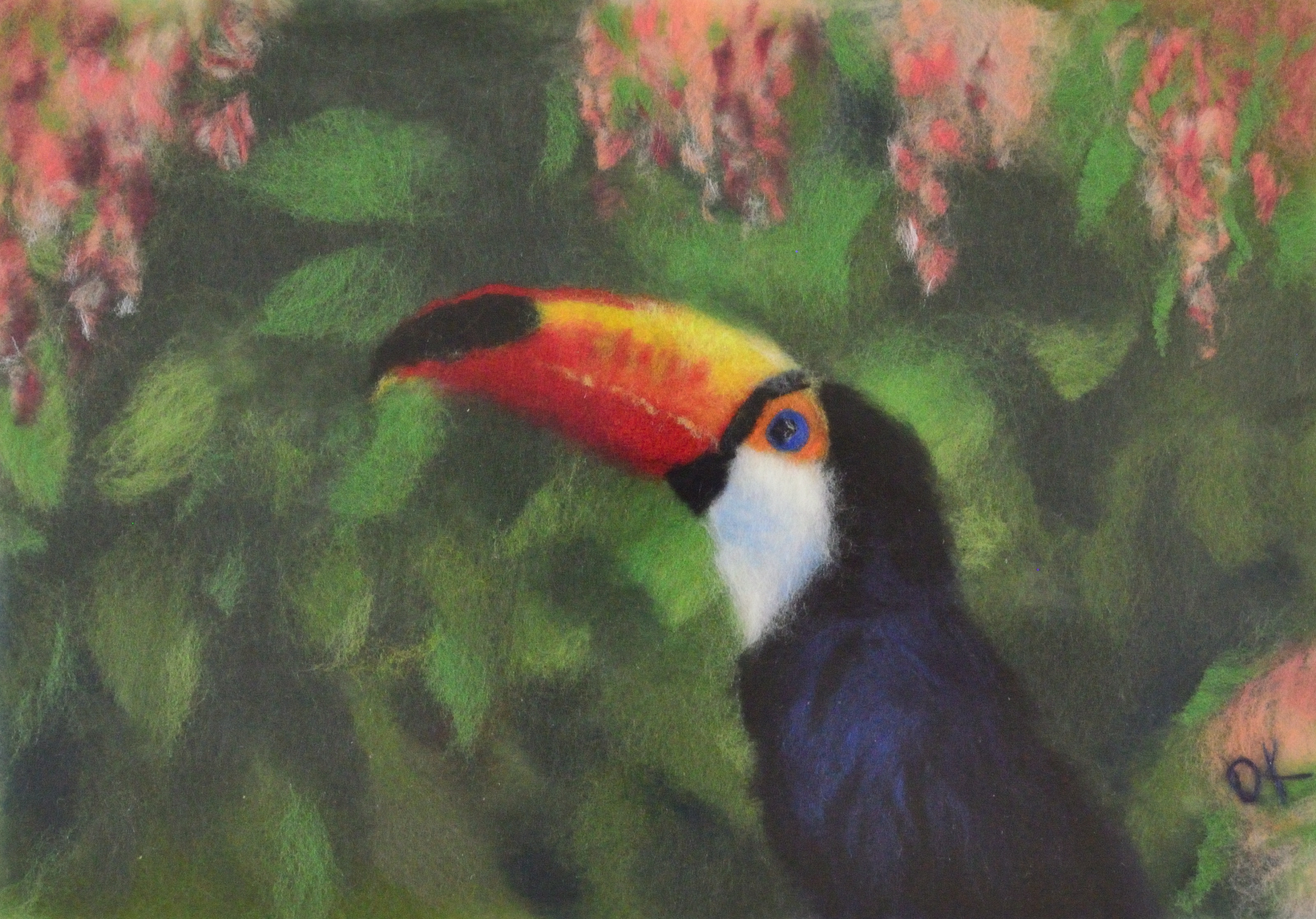 Toucan and flowers. Wool Art Gallery. Picture made of fine merino wool