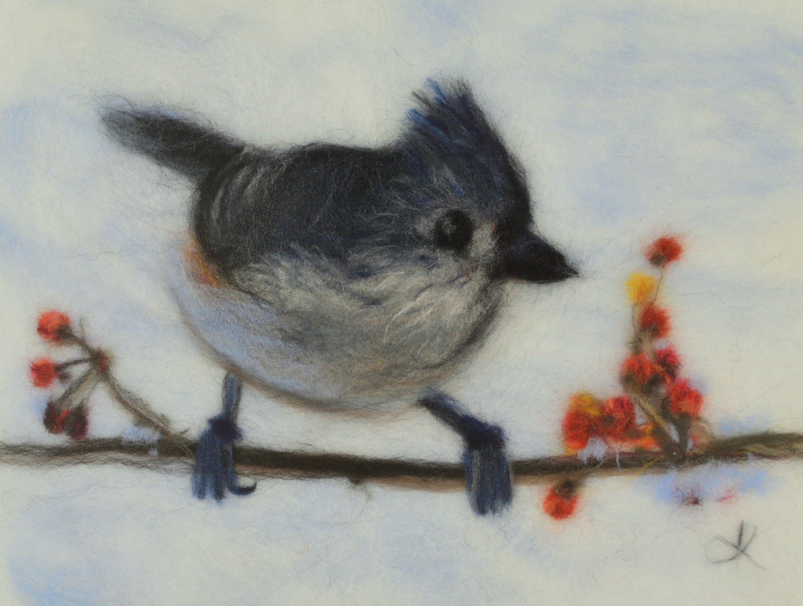Tufted titmouse. Wool Art Gallery. Picture made of merino wool