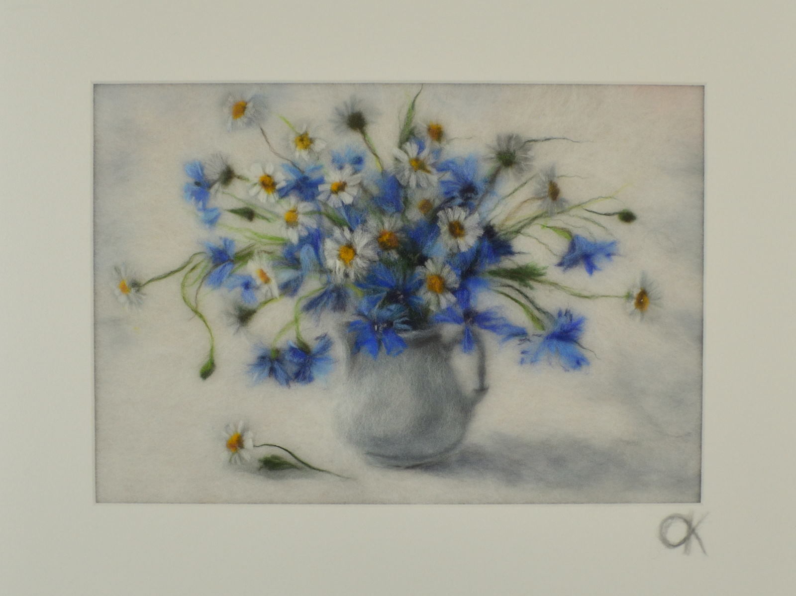 Wild flowers in a jug. Wool Art Gallery. Picture made of superfine merino wool